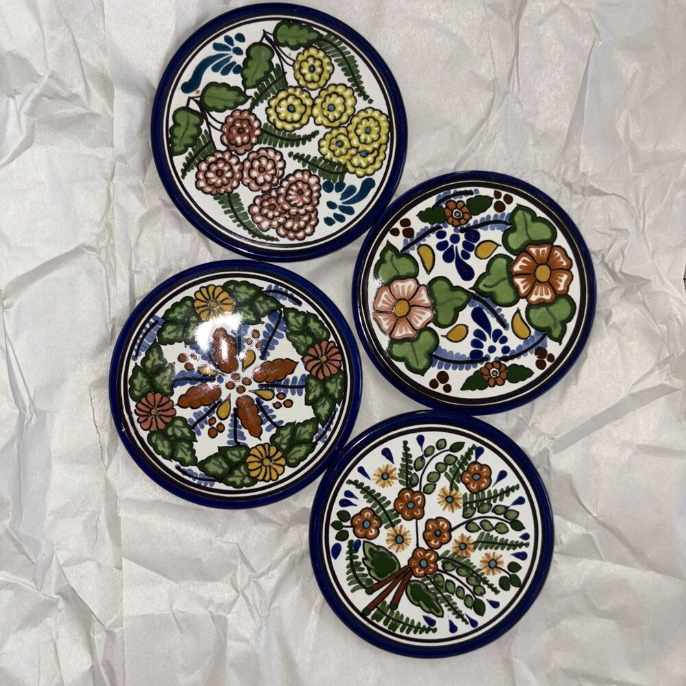 Mr Pue hand painted ceramic floral coasters set of 4 Made in Mexico blue trim